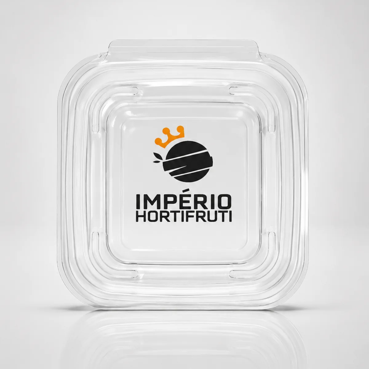 Pote plástico quadrado transparente com logotipo na lateral