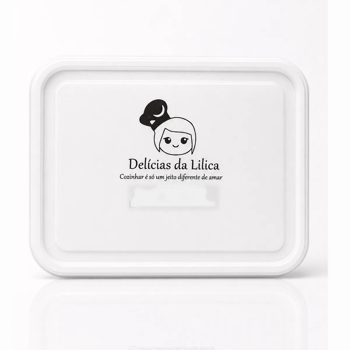 Bandeja branca retangular rasa com logotipo impresso