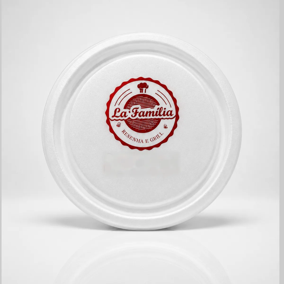 Pote redondo branco com logotipo circular impresso na tampa