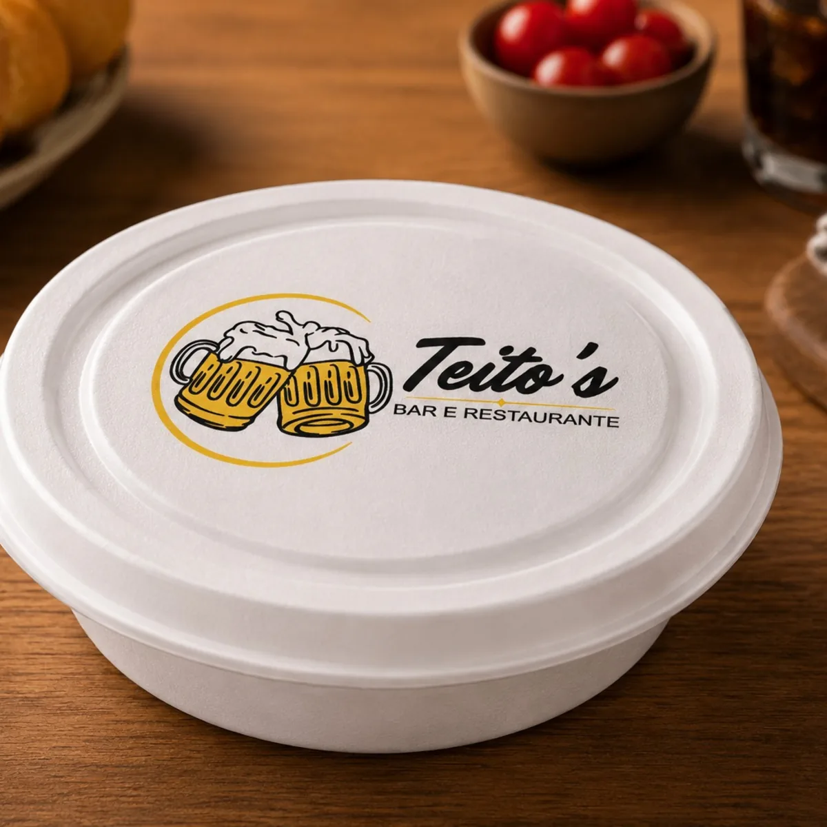 Pote redondo branco com tampa personalizada, sobre mesa de madeira