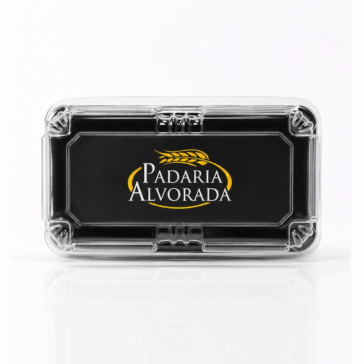 Bandeja retangular de base escura com tampa transparente e logotipo